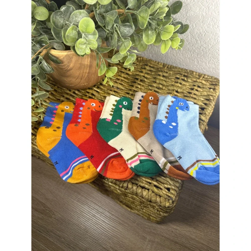 Kids Dinosaur Socks 5 Pack Ankle Cotton Blend Colorful Cartoon Print Size 1-3 yr